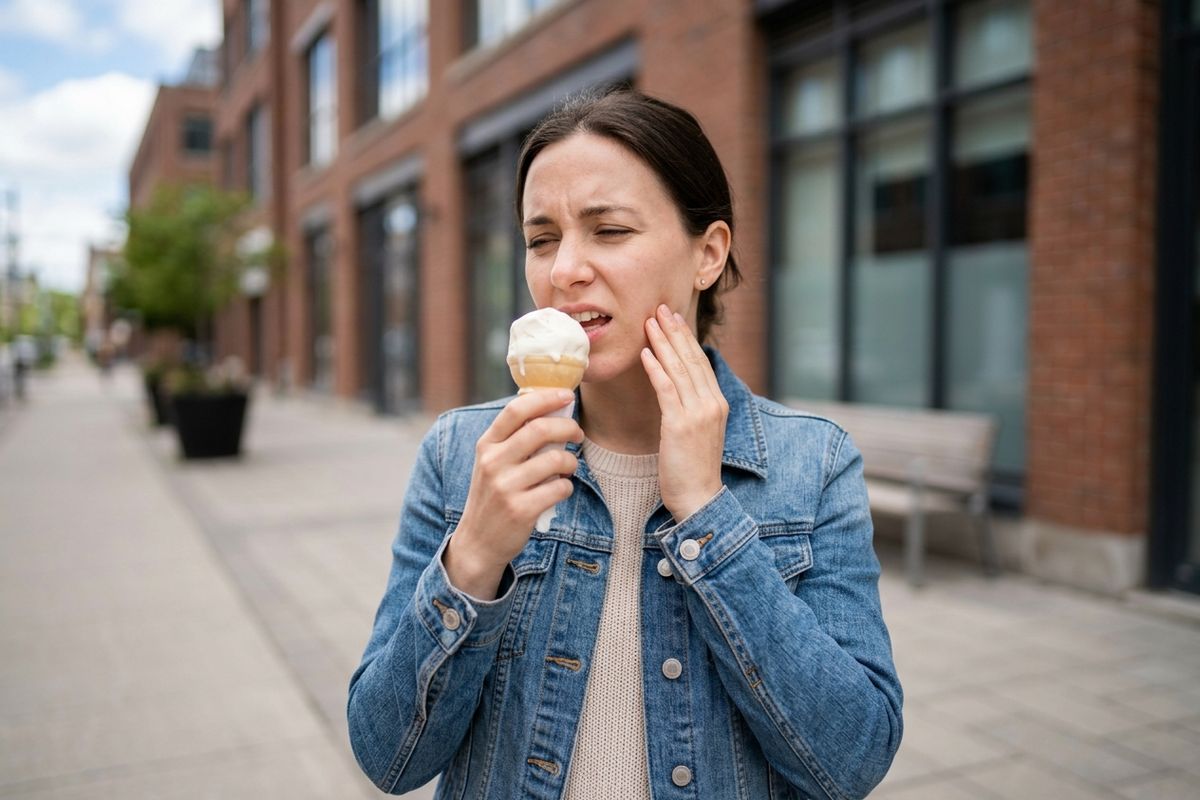 a person eating ice cream and experiencing tooth pain