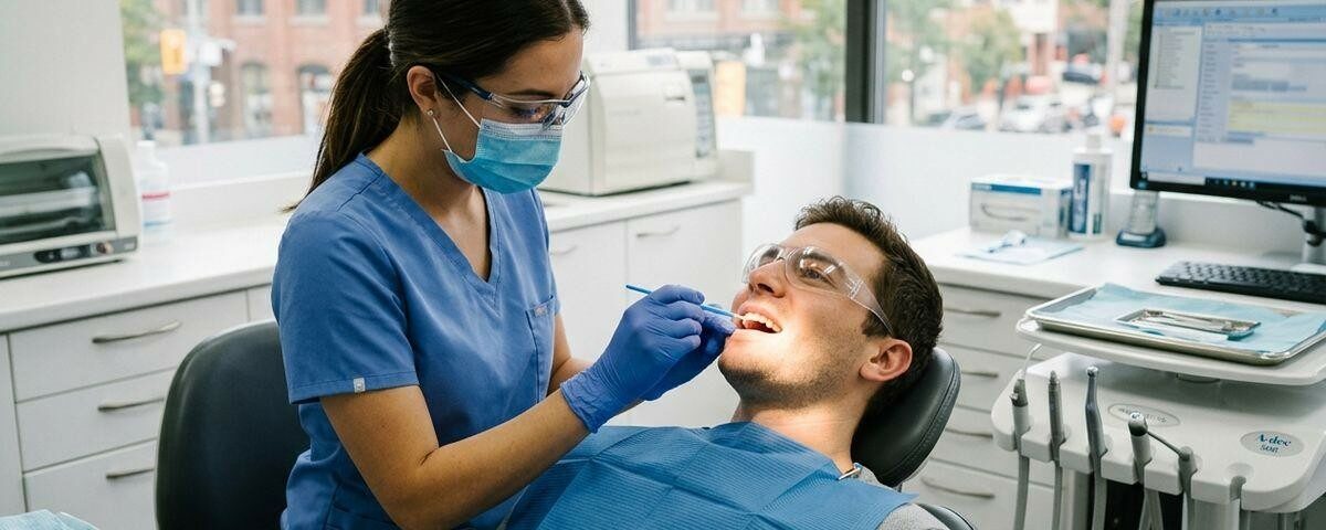 Dentist examining a reclined adult patient's open mouth in a dental clinic, using a tool under an overhead light.