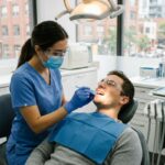 Dentist examining a reclined adult patient's open mouth in a dental clinic, using a tool under an overhead light.