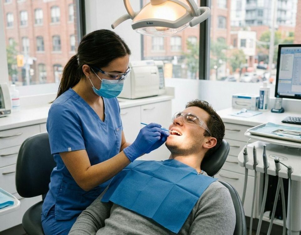 Dentist examining a reclined adult patient's open mouth in a dental clinic, using a tool under an overhead light.