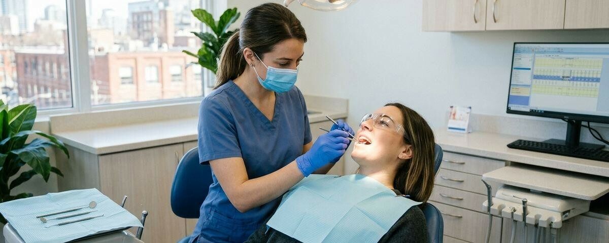 Dentist examines a patient's open mouth using dental tools in a clinic chair under an overhead light.