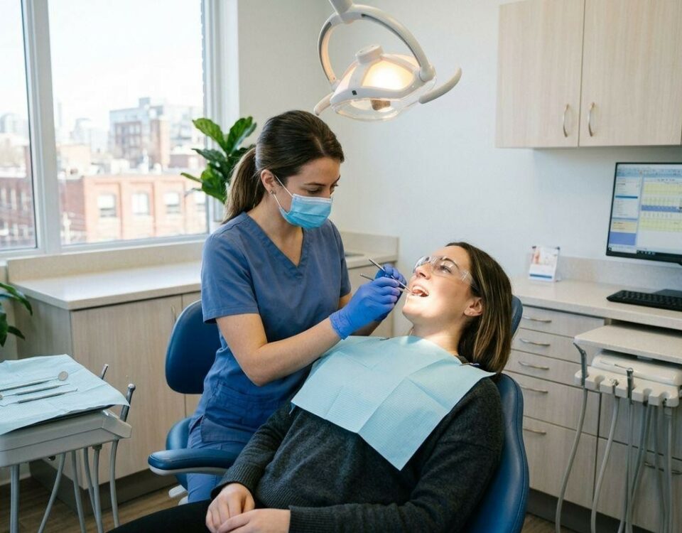 Dentist examines a patient's open mouth using dental tools in a clinic chair under an overhead light.